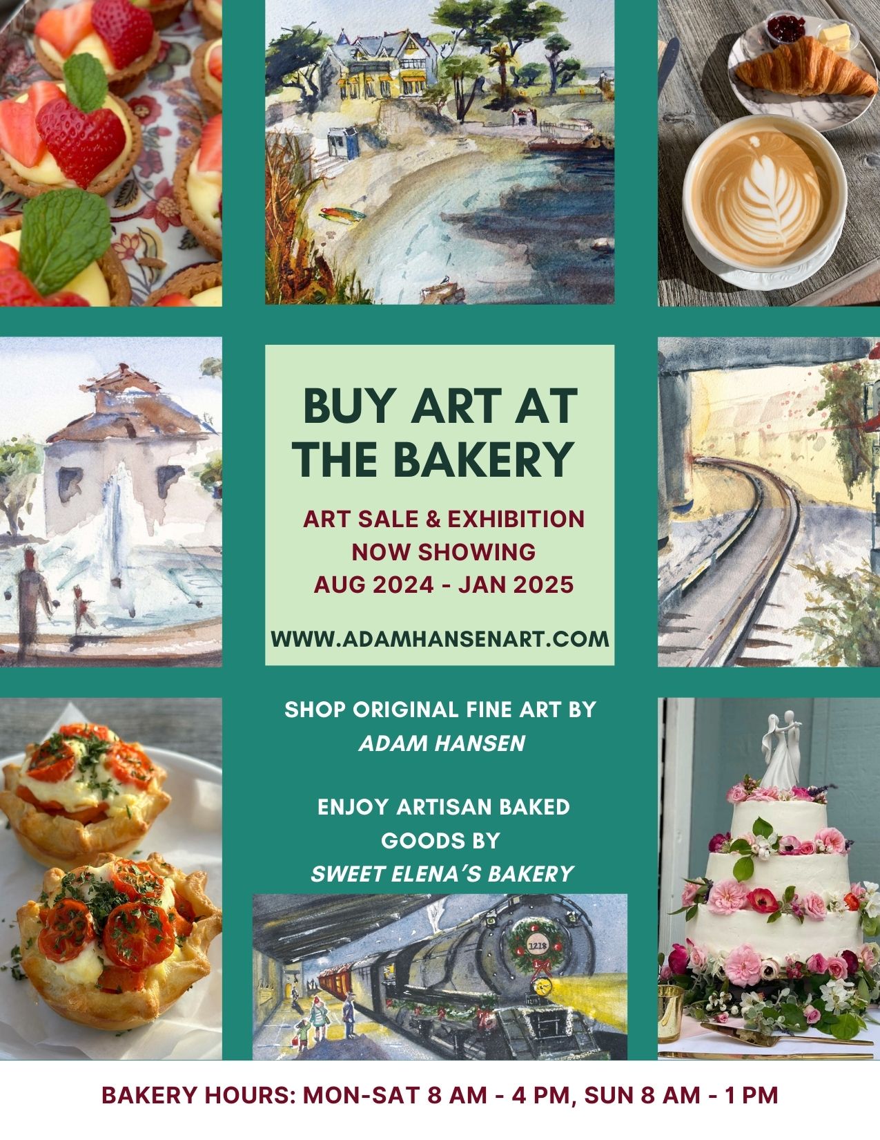 green background with alternating pictures of pastries and watercolor art by Adam Hansen advertising an art show at a local boutique bakery that showcases fine artists on quarterly basis in Sand City, California